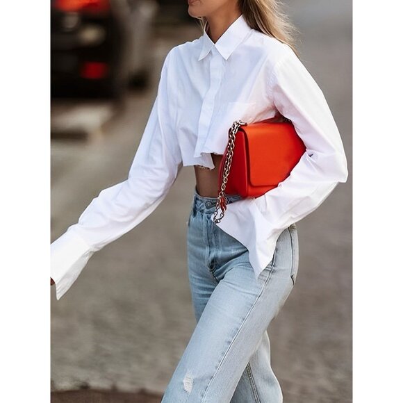 Commense Asymmetrical Cotton Crop Shirt Raw Hem Blouse Nwt Size Small Womens - Picture 2 of 8